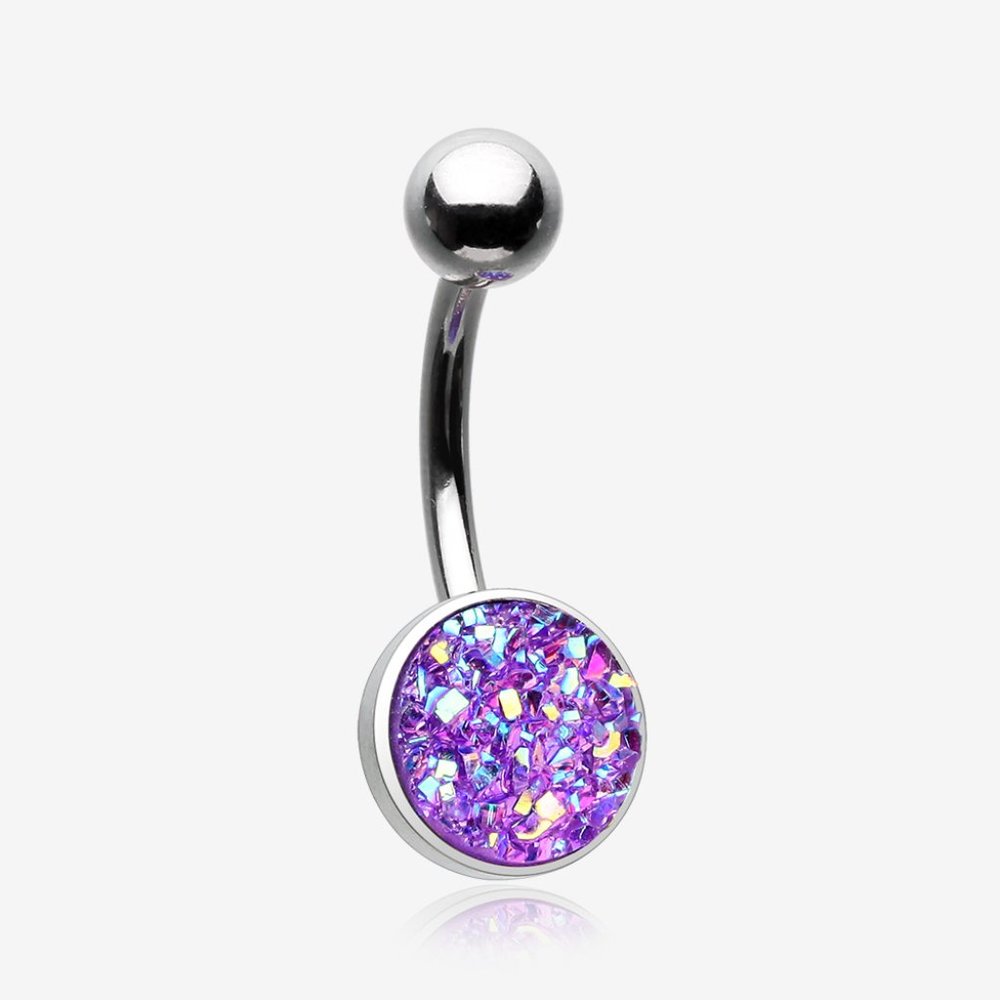 Iridescent Druzy Sparkle Steel Belly Button Ring - Purple
